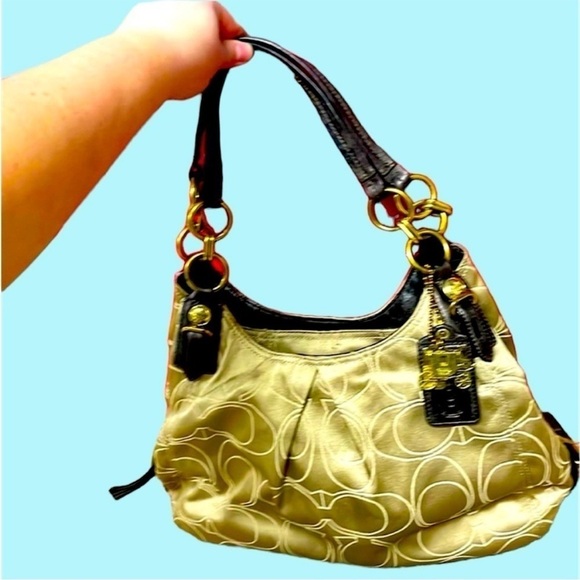 Vintage Coach Tan with Brown Leather Logo Shoulder Bag with Multiple Pockets - Picture 1 of 16